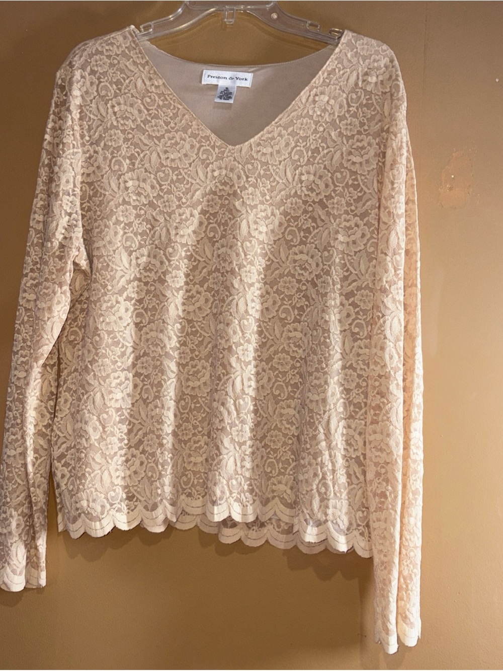 HC833 Preston & York Lace Tan Top Blouse Lacy Size XL